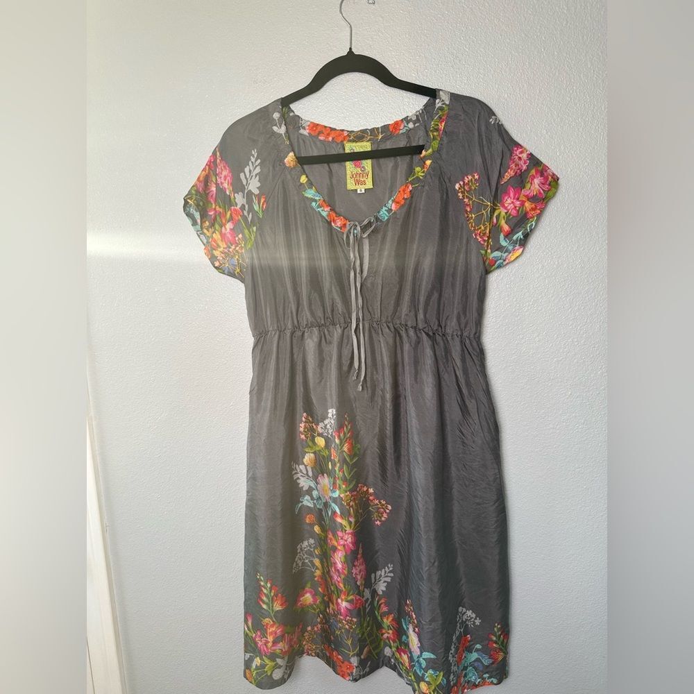 Johnny Was 100% Silk Dress Floral Grey Size S